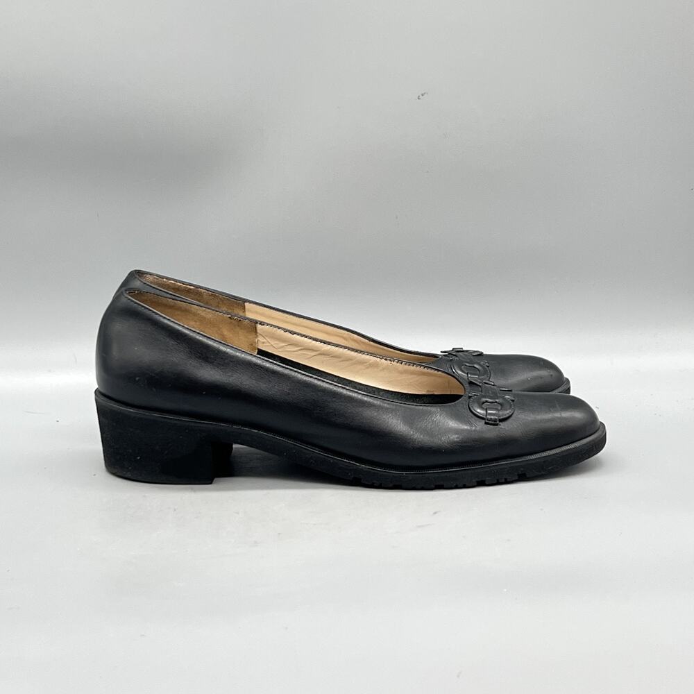 Salvatore Ferragamo Shoes Womens 8.5 Black Leather Block Heel Pumps Italy Vtg